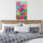 緑のデジタルオイルペインティングの明るいピンクのユリ キャンバスプリント (インサイチュ (寝室))