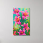 緑のデジタルオイルペインティングの明るいピンクのユリ キャンバスプリント (正面)