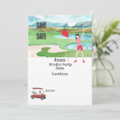 緑のデートに赤いゴルフカートを持救つゴルファー 招待状 (スタンド正面)