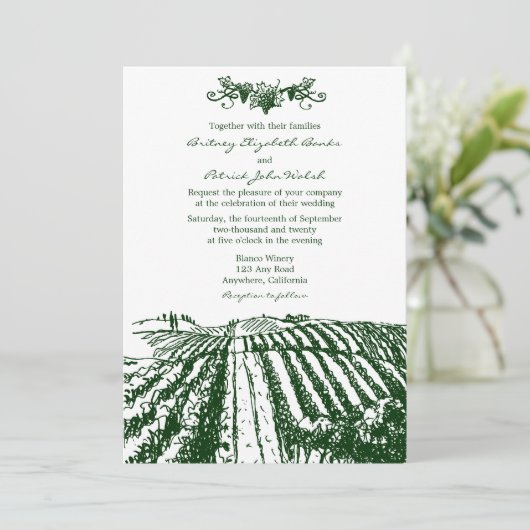 緑のトスカナ式のワイナリーのブドウ園の結婚式招待状 招待状 (スタンド正面)
