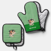 緑のトップと白いストライプフローラ 鍋つかみ&鍋敷きセット (正面/裏面)