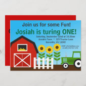 緑のトラクターおよび赤い納屋の誕生会の招待 招待状 (正面/裏面)