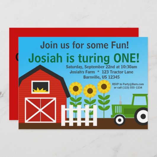 緑のトラクターおよび赤い納屋の誕生会の招待 招待状 (正面/裏面)