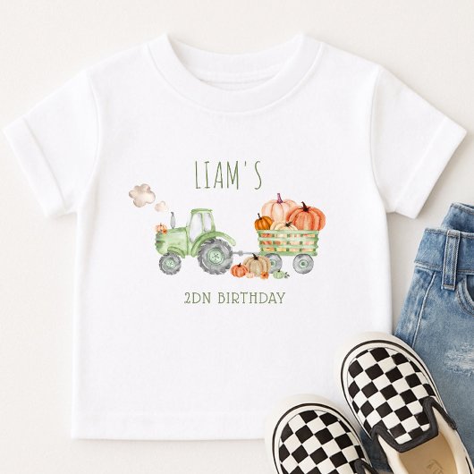 緑のトラクターとカボチャの誕生日Tシャツ トドラーTシャツ