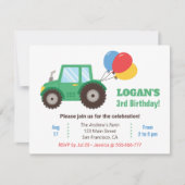 緑のトラクターと風船の誕生日パーティー 招待状 (正面)