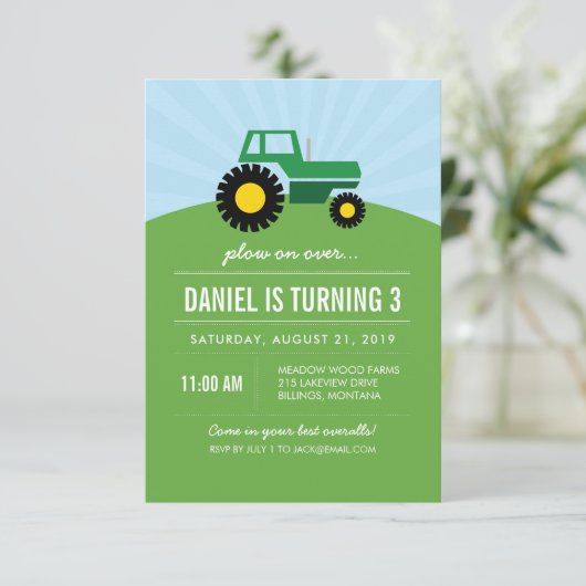 緑のトラクターの誕生日のパーティの招待状 招待状 (スタンド正面)