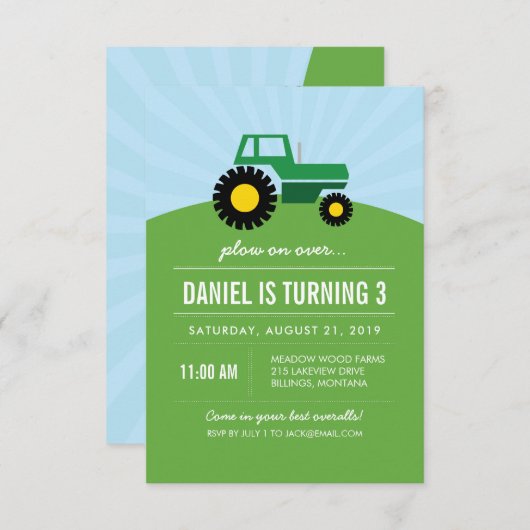 緑のトラクターの誕生日のパーティの招待状 招待状 (正面/裏面)