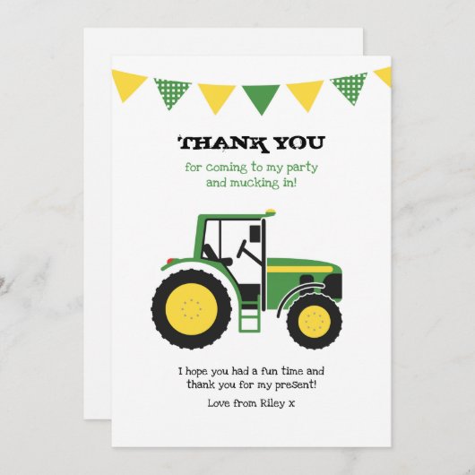 緑のトラクターの誕生日はメッセージカード感謝していしています サンキューカード (正面/裏面)