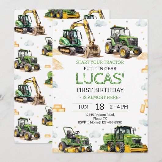 緑のトラクター誕生日パーティー 招待状 (正面/裏面)