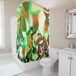 緑のトラック、オレンジ色のサンゴの背景の霧雨 シャワーカーテン