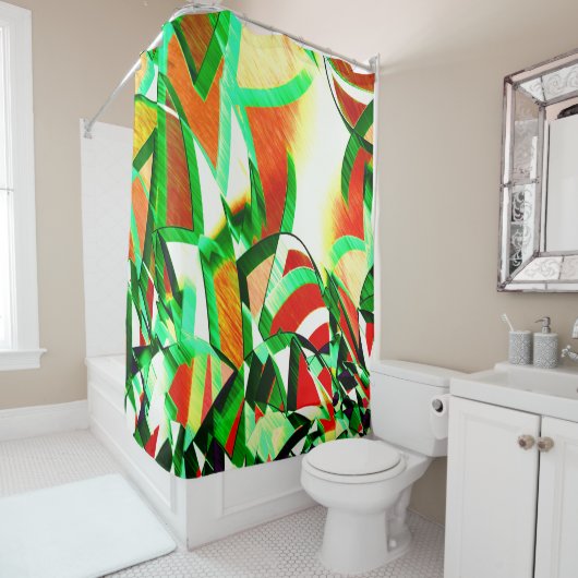 緑のトラック、オレンジ色のサンゴの背景の霧雨 シャワーカーテン (インサイチュ)