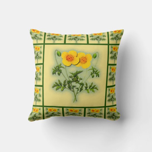 緑のトリム枕と黄色の明るいケシ クッション (裏面)