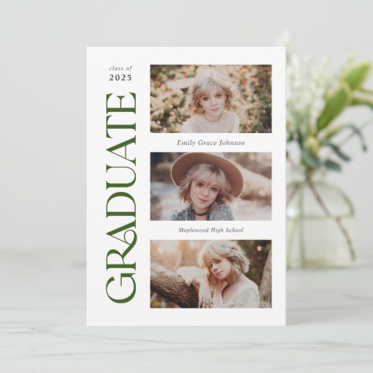 緑のトレンディーセリフ複数写真の卒業 案内状 (スタンド正面)