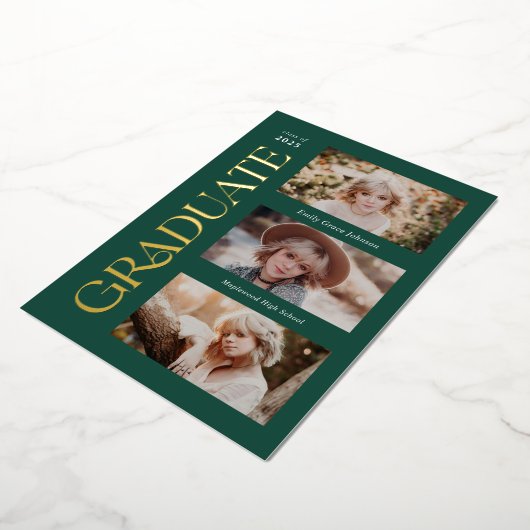 緑のトレンディーセリフ複数写真の卒業 箔招待状 (回転した状態)