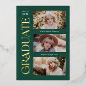 緑のトレンディーセリフ複数写真の卒業 箔招待状 (正面)