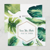 緑のトロピカルな葉 白 エレガントな Save The Date 案内ポストカード (正面/裏面)