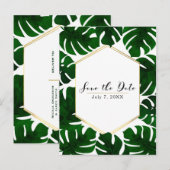 緑のトロピカルな葉 白＆ゴールド セーブ・ザ・デート 案内ポストカード (正面/裏面)