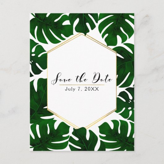 緑のトロピカルな葉 白＆ゴールド セーブ・ザ・デート 案内ポストカード (正面)