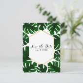 緑のトロピカルな葉 白＆ゴールド セーブ・ザ・デート 案内ポストカード (スタンド正面)
