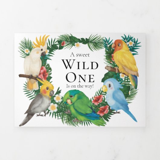 緑のトロピカルパロットのエキゾチックな男の子の赤ちゃんシャワー 三つ折り案内状 (カバー)