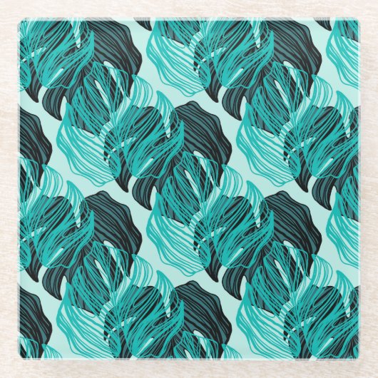 緑のトロピカルパームの葉のデザイン ガラスコースター (正面)