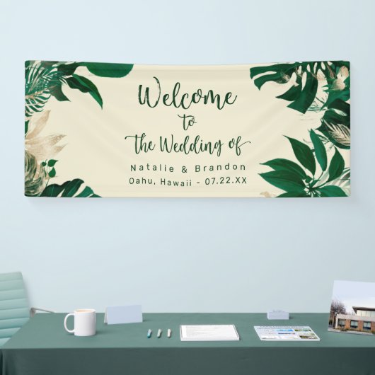 緑のトロピカルモダンな結婚葉の歓迎 横断幕 (トレードショー)