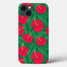 緑のトロピカルリーフ上の赤いハイビスカスの花 iPhone 13ケース