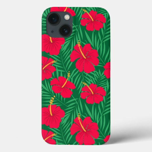 緑のトロピカルリーフ上の赤いハイビスカスの花 Case-Mate iPhoneケース (裏面)