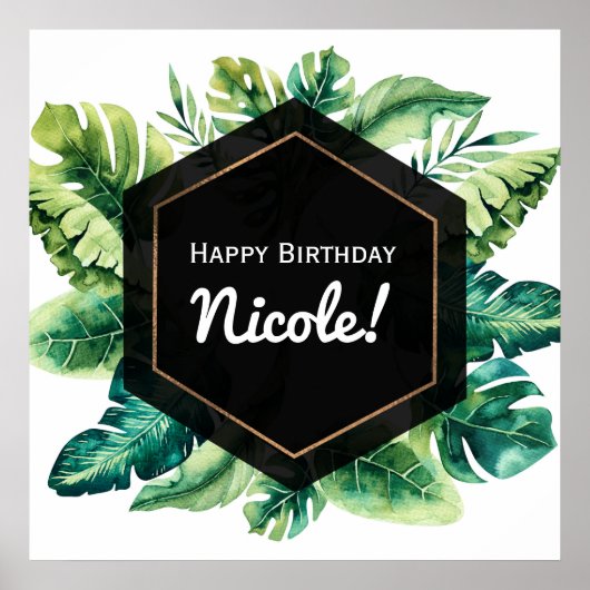 緑のトロピカルリーフ ブラック ウェディング バナー ポスター (正面)