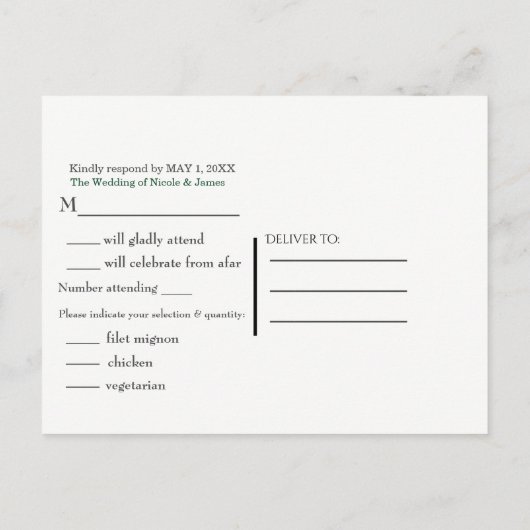 緑のトロピカルリーフ ブラック エレガント ウェディング RSVP インビテーションポストカード (裏面)