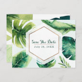 緑のトロピカルリーフ ホワイト エレガント セーブ・ザ・デート 案内ポストカード (正面/裏面)