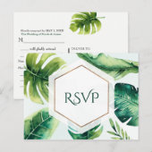 緑のトロピカルリーフ　白　エレガントな結婚式　出欠確認 インビテーションポストカード (正面/裏面)