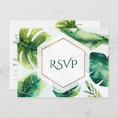 緑のトロピカル葉ホワイトエレガントな結婚式RSVP インビテーションポストカード (正面/裏面)