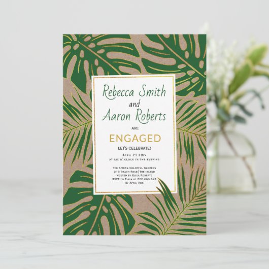 緑のトロピッ葉ククラフト紙婚約パーティ 招待状 (スタンド正面)