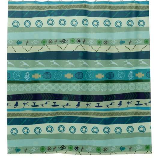 緑のトーン三叉形ストライプの幾何学的パターン シャワーカーテン (正面)