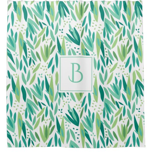 緑のトーン熱帯の葉柄 シャワーカーテン (正面)