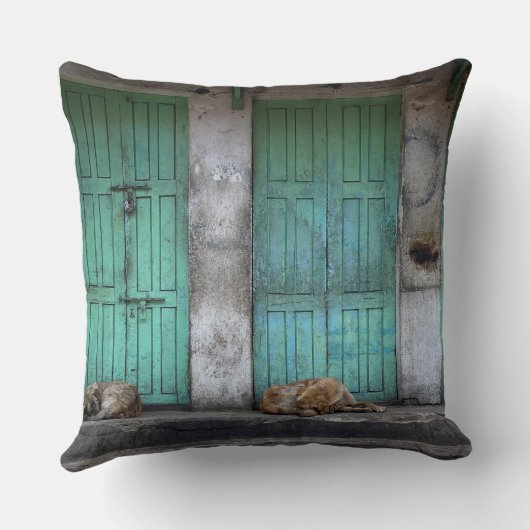 緑のドアの装飾用クッションの前の野良犬 クッション (裏面)