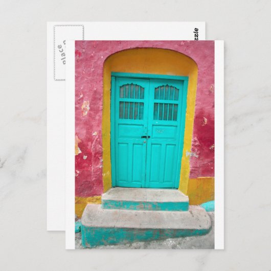 緑のドアの趣のある木製の入り口 ポストカード (正面/裏面)