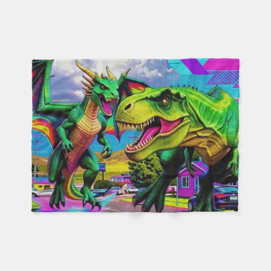 緑のドラゴンと恐竜で遊ぼう フリースブランケット (正面(横))