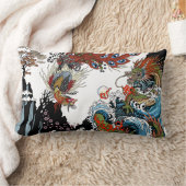 緑のドラゴンと鳳黄。イラストレーション ランバークッション (ブランケット)