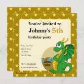 緑のドラゴンの漫画の誕生日プリント招待状 招待状 (正面/裏面)