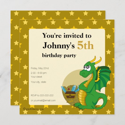 緑のドラゴンの漫画の誕生日プリント招待状 招待状 (正面/裏面)