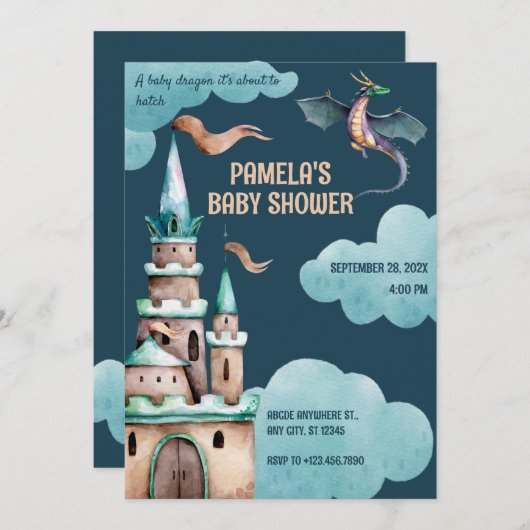 緑のドラゴン城の赤ちゃんシャワー 招待状 (正面/裏面)
