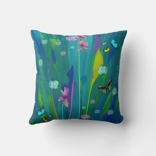 緑のドレスの女性ピンクの髪の妖精ポートレート クッション (裏面)