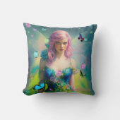 緑のドレスの女性ピンクの髪の妖精ポートレート クッション (正面)