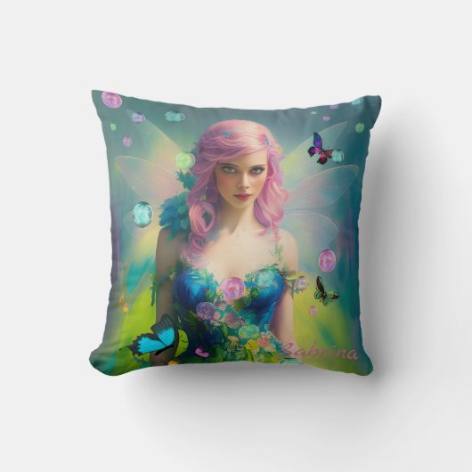 緑のドレスの女性ピンクの髪の妖精ポートレート クッション (正面)