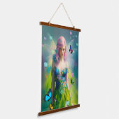 緑のドレスの女性ピンクの髪の妖精ポートレート 吊り下げ型タペストリー (傾斜あり)