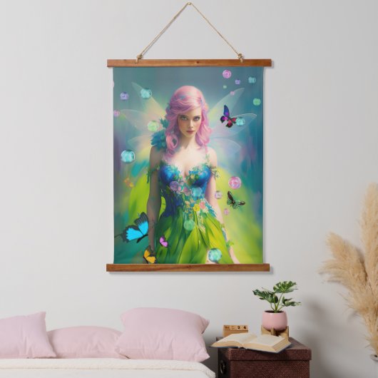 緑のドレスの女性ピンクの髪の妖精ポートレート 吊り下げ型タペストリー (寝室)