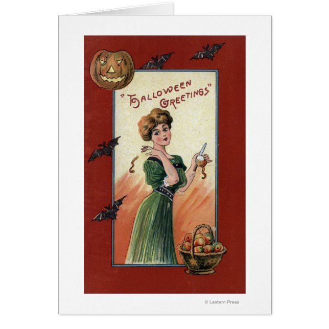 緑のドレスを着た女性がリンゴを剥く (正面)