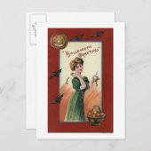 緑のドレスを着た女性がリンゴを剥く ポストカード (正面/裏面)